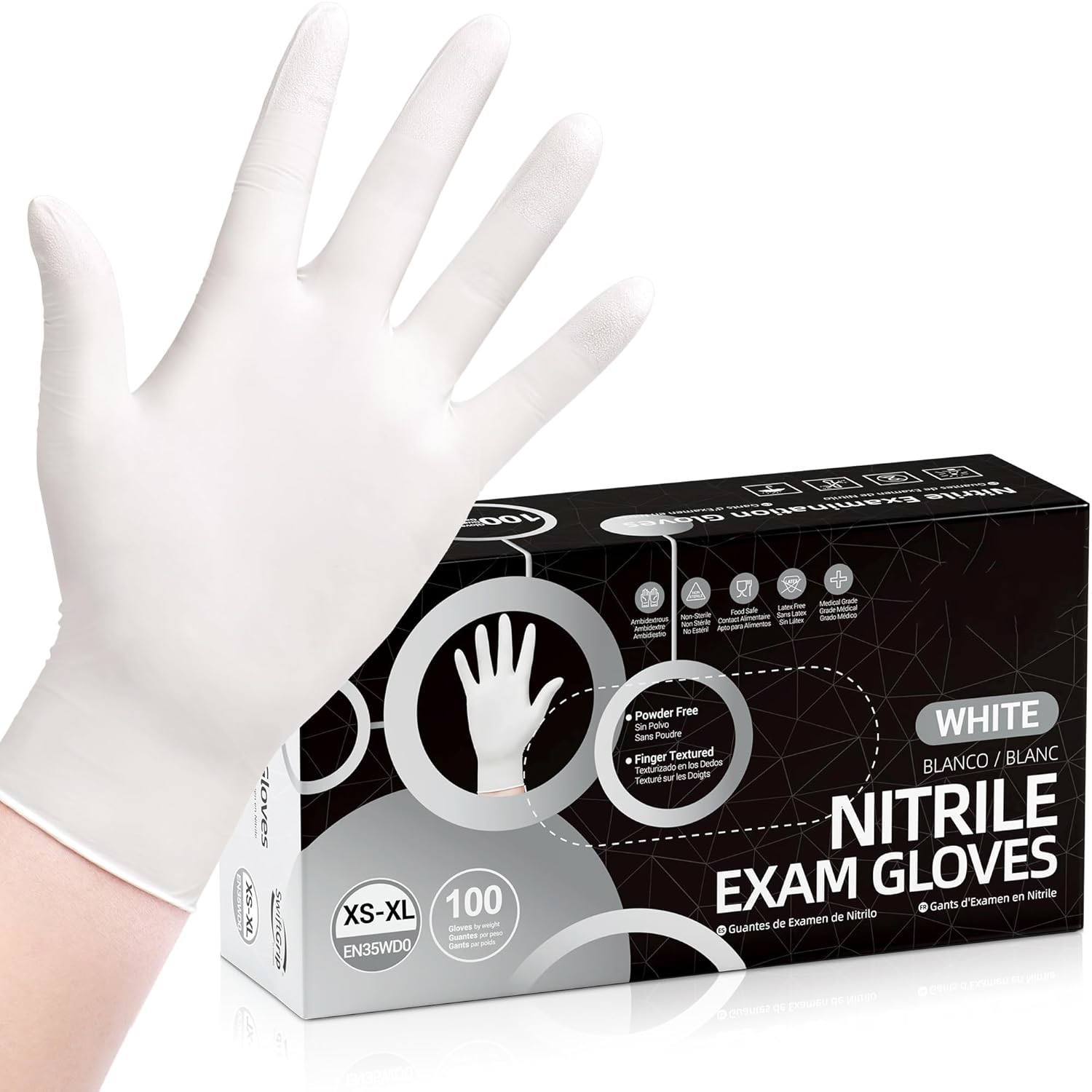100枚入り使い捨てニトリル手袋、白いラテックスフリー・パウ - Medical Gloves のレビューと価格